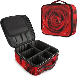 Fresh Red Rose Bud, The Petals of Red Roses with Water Women's Portable Makeup Bags with Handle, Adjustable Dividers, Travel Cosmetic Toiletry Accessories Storage Organizer for Girls