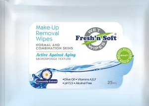 Fresh'n Soft Waterproof Make-Up Removal Wipes for Normal & Combination Skins, Macadamia Nut Oil, Chamomile Extract, and Vitamin E (25 Count (Pack of 8), Comomile Extract)