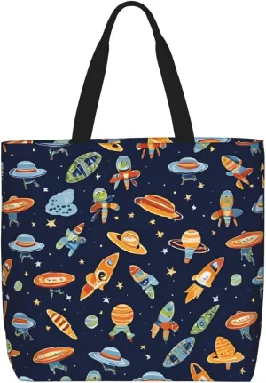 (Funny Astronaut Rocket) Large Reusable Tote Bag For Women Foldable Washable Shoulder Bag For Shopping Beach Travel Gym Work Stylish Gift Bag