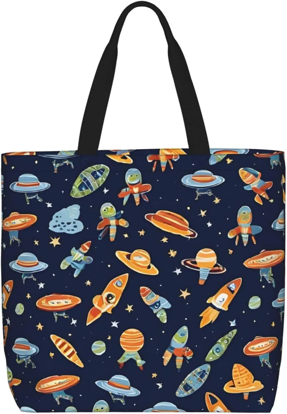 (Funny Astronaut Rocket) Large Reusable Tote Bag For Women Foldable Washable Shoulder Bag For Shopping Beach Travel Gym Work Stylish Gift Bag