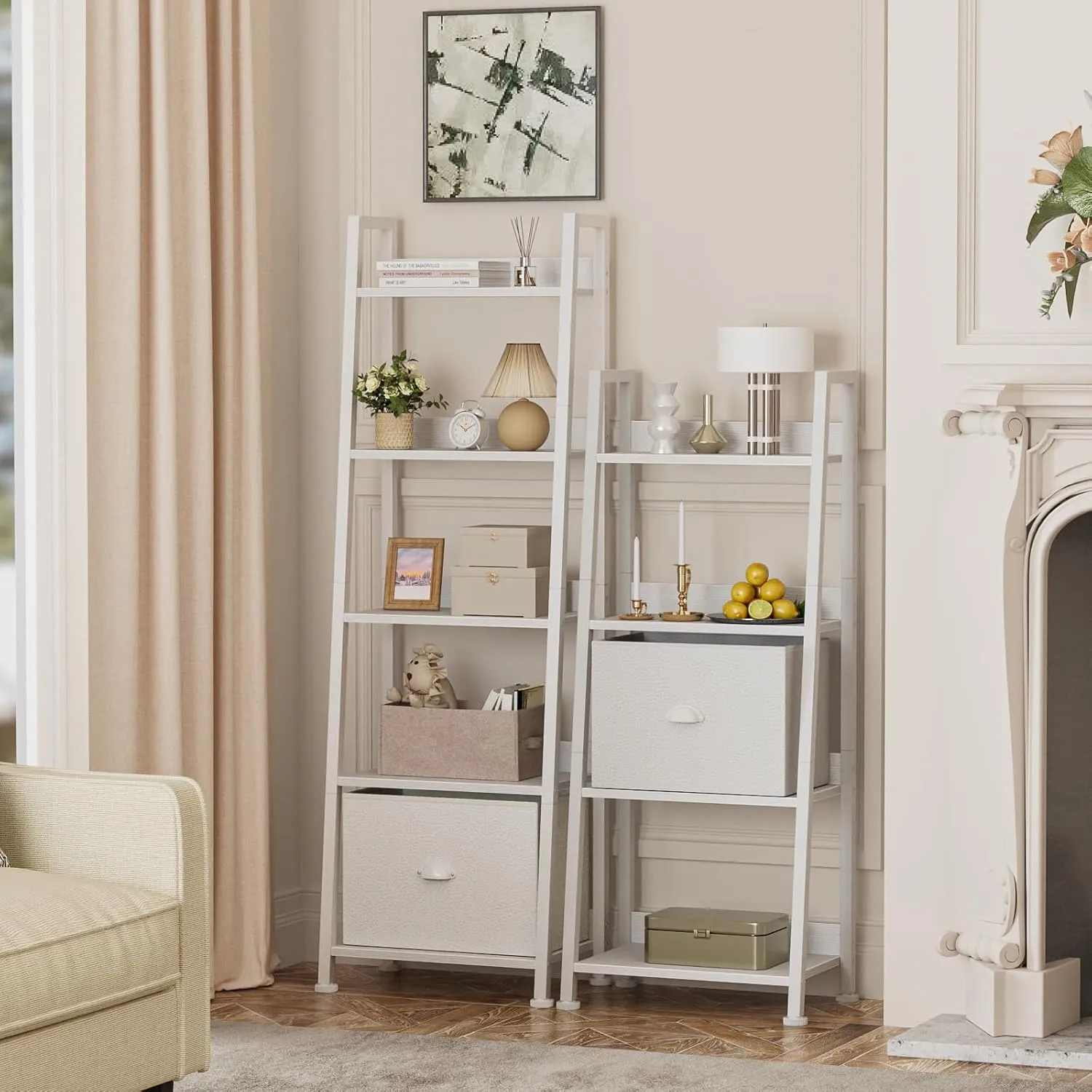 Furologee 4-Tier White Ladder Shelf, Ladder Bookshelf with Removable Drawer, Bookcase Storage Rack Organizer, Freestanding Storage Shelves for Living Room, Home Office, Bedroom