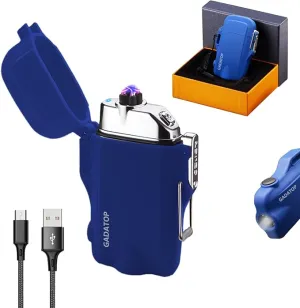 GADATOP Electric Lighter, Outdoor Waterproof Double arc Lighter Windproof Lighter, Rechargeable USB Lighter flameless Plasma Lighter with LED Torch with Lanyard, Suitable for Camping, Hiking (Blue)