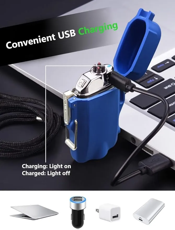 GADATOP Electric Lighter, Outdoor Waterproof Double arc Lighter Windproof Lighter, Rechargeable USB Lighter flameless Plasma Lighter with LED Torch with Lanyard, Suitable for Camping, Hiking (Blue)