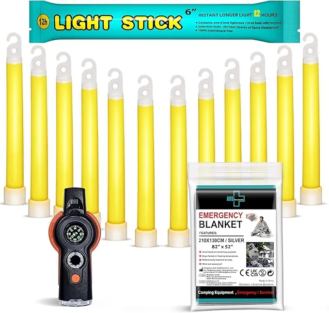 General Medi Survival Kit - 12 Ultra Bright Glow Sticks, Emergency Blanket, Survival Whistle - For Camping, Hiking, Outdoor, Survival Kit and More - Lasts Over 12 Hours