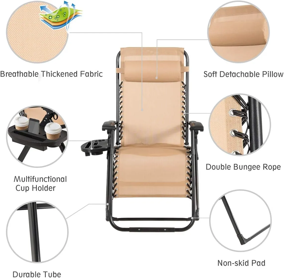 Goplus Zero Gravity Chairs, X-Large Outdoor Lounge Lawn Chair with Cup Holder & Detachable Headrest, Adjustable Folding Patio Recliner for Pool Porch Deck Oversize (Beige)