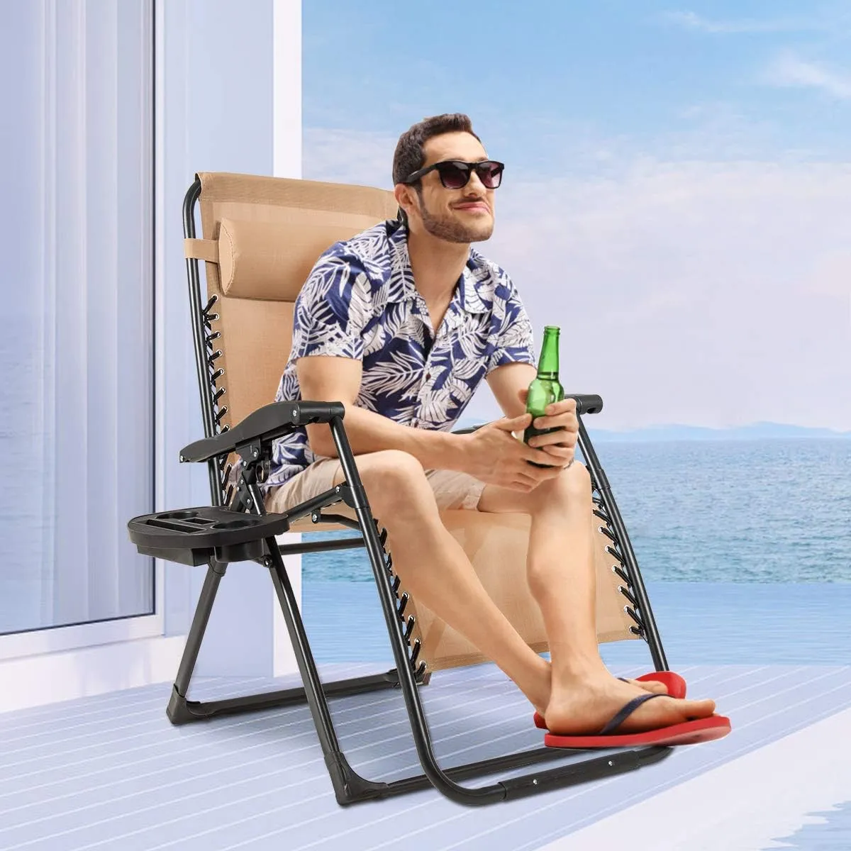 Goplus Zero Gravity Chairs, X-Large Outdoor Lounge Lawn Chair with Cup Holder & Detachable Headrest, Adjustable Folding Patio Recliner for Pool Porch Deck Oversize (Beige)