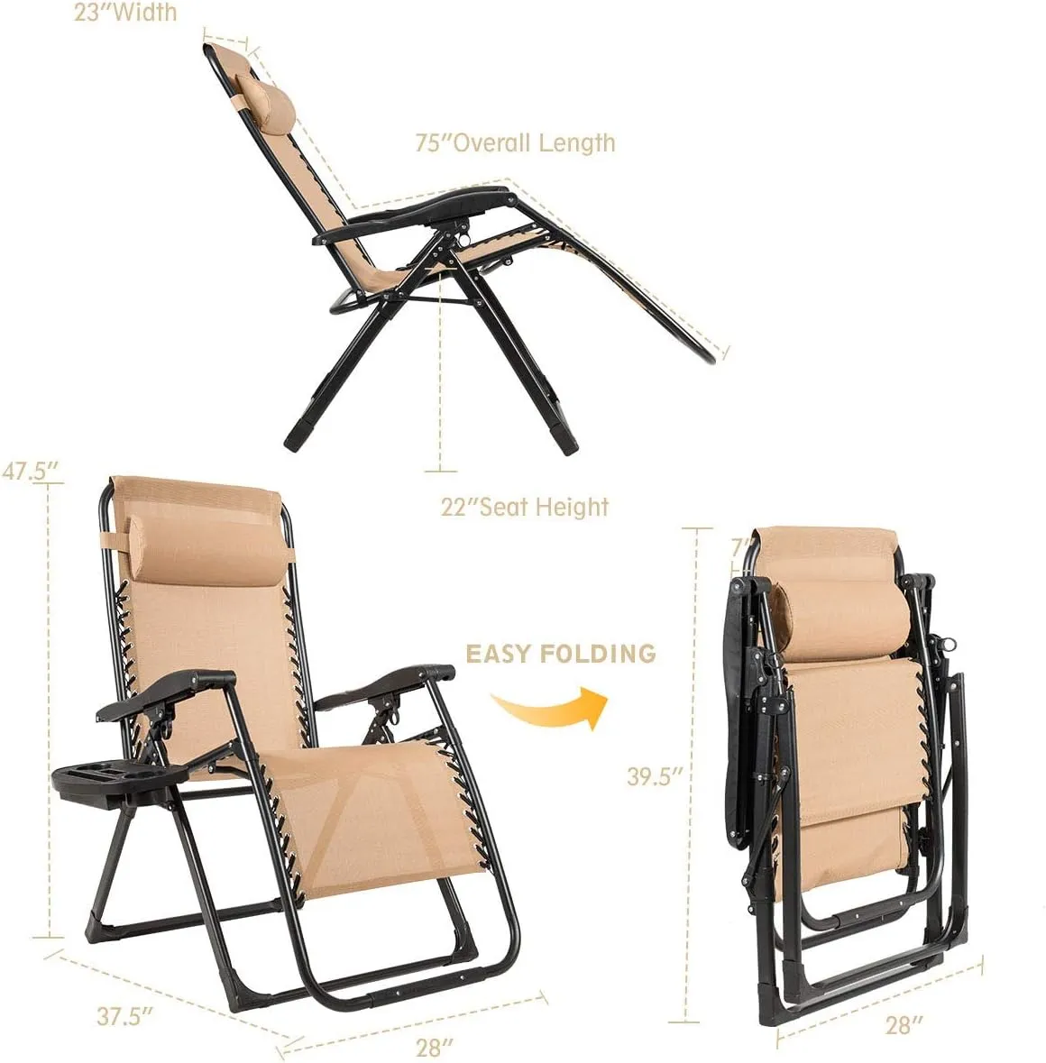 Goplus Zero Gravity Chairs, X-Large Outdoor Lounge Lawn Chair with Cup Holder & Detachable Headrest, Adjustable Folding Patio Recliner for Pool Porch Deck Oversize (Beige)