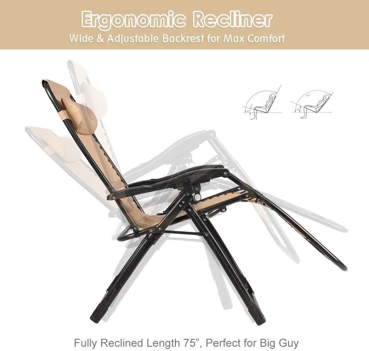 Goplus Zero Gravity Chairs, X-Large Outdoor Lounge Lawn Chair with Cup Holder & Detachable Headrest, Adjustable Folding Patio Recliner for Pool Porch Deck Oversize (Beige)