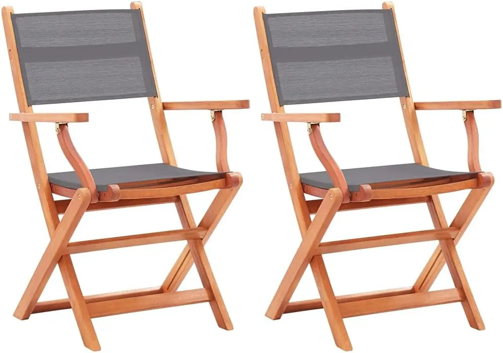 Gray Folding Patio Chairs Set of 2 Solid Eucalyptus Wood Outdoor Armchairs with Textilene Seating for Patio Lawn Garden Deck