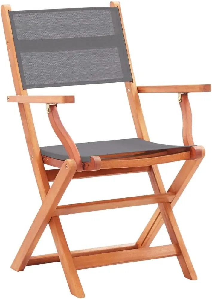 Gray Folding Patio Chairs Set of 2 Solid Eucalyptus Wood Outdoor Armchairs with Textilene Seating for Patio Lawn Garden Deck