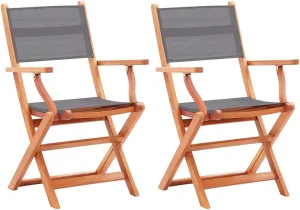Gray Folding Patio Chairs Set of 2 Solid Eucalyptus Wood Outdoor Armchairs with Textilene Seating for Patio Lawn Garden Deck
