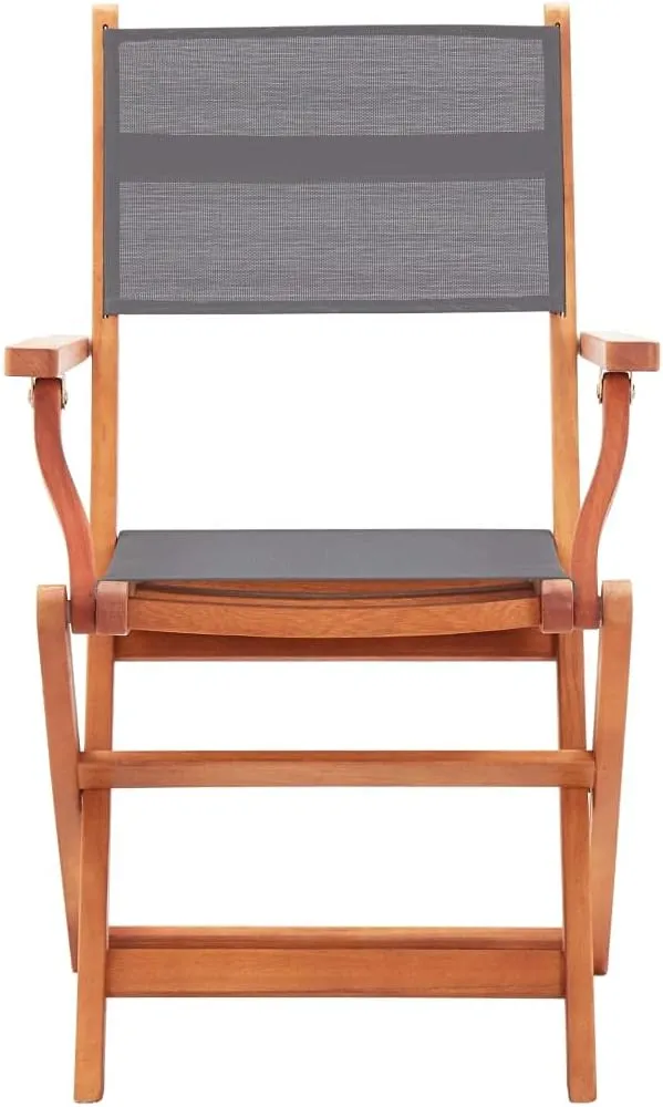 Gray Folding Patio Chairs Set of 2 Solid Eucalyptus Wood Outdoor Armchairs with Textilene Seating for Patio Lawn Garden Deck