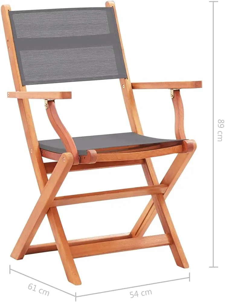 Gray Folding Patio Chairs Set of 2 Solid Eucalyptus Wood Outdoor Armchairs with Textilene Seating for Patio Lawn Garden Deck
