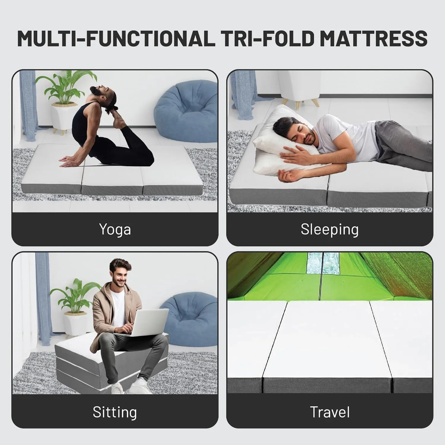 Greaton, 5-Inch Tri-Folding Gel Memory Foam Portable Floor Mattress | Breathable Mesh, Ultra Soft, Cot Pad, Removable and Washable Cover, Comfortable Support, Therapeutic Qualities, 31-Inch, White