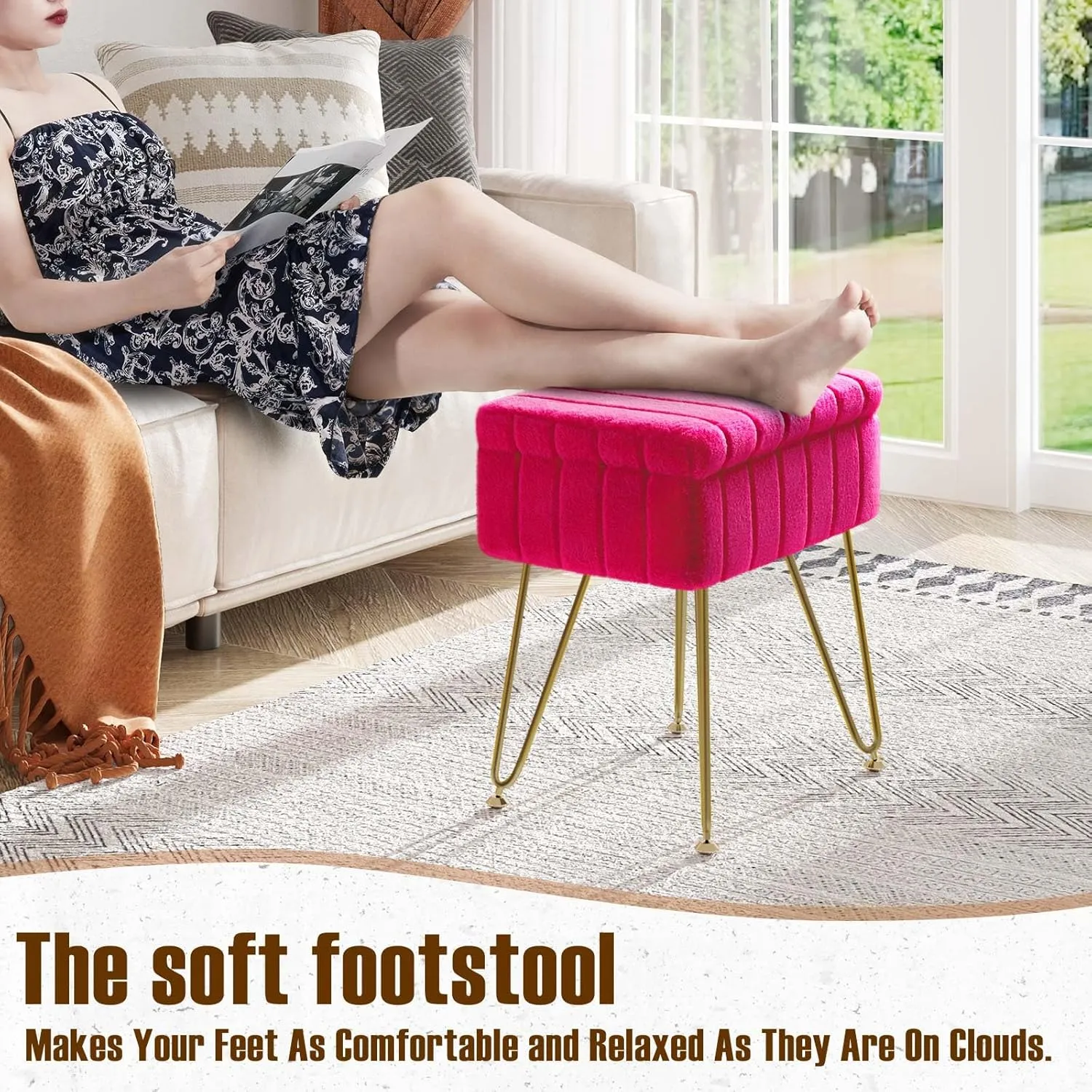 Greenstell Vanity Stool Chair Faux Fur with Storage, 15.7"L x 11.8"W x 19.4"H Soft Ottoman 4 Metal Legs with Anti-Slip Feet, Furry Padded Seat, Modern Multifunctional Chairs for Makeup, Bedroom,Rose