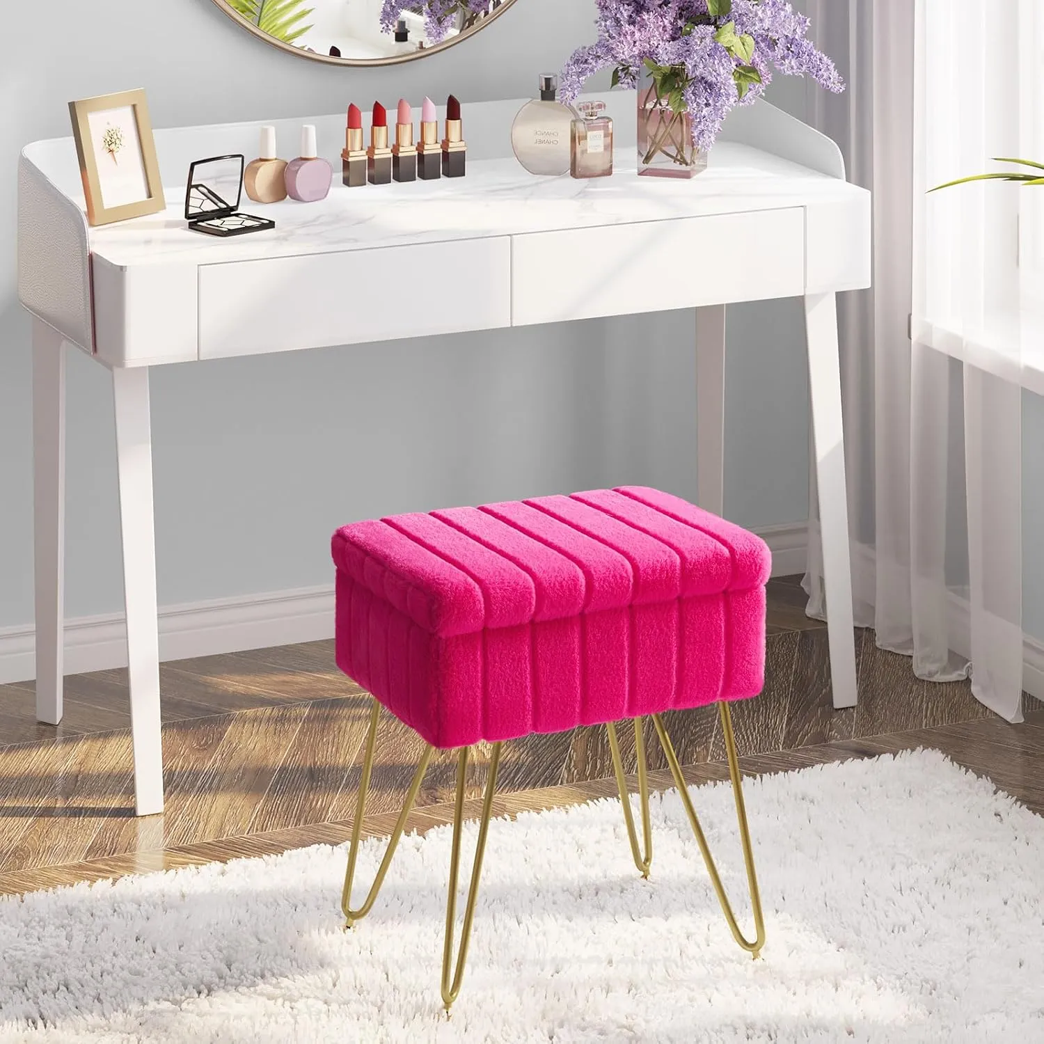 Greenstell Vanity Stool Chair Faux Fur with Storage, 15.7"L x 11.8"W x 19.4"H Soft Ottoman 4 Metal Legs with Anti-Slip Feet, Furry Padded Seat, Modern Multifunctional Chairs for Makeup, Bedroom,Rose