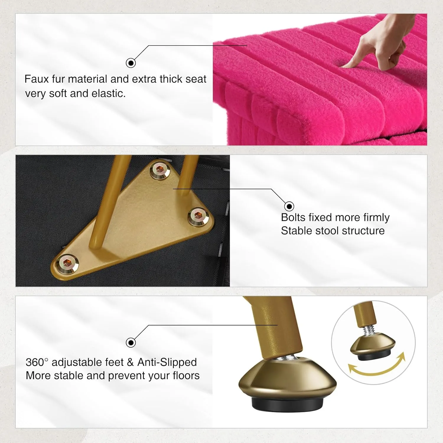 Greenstell Vanity Stool Chair Faux Fur with Storage, 15.7"L x 11.8"W x 19.4"H Soft Ottoman 4 Metal Legs with Anti-Slip Feet, Furry Padded Seat, Modern Multifunctional Chairs for Makeup, Bedroom,Rose