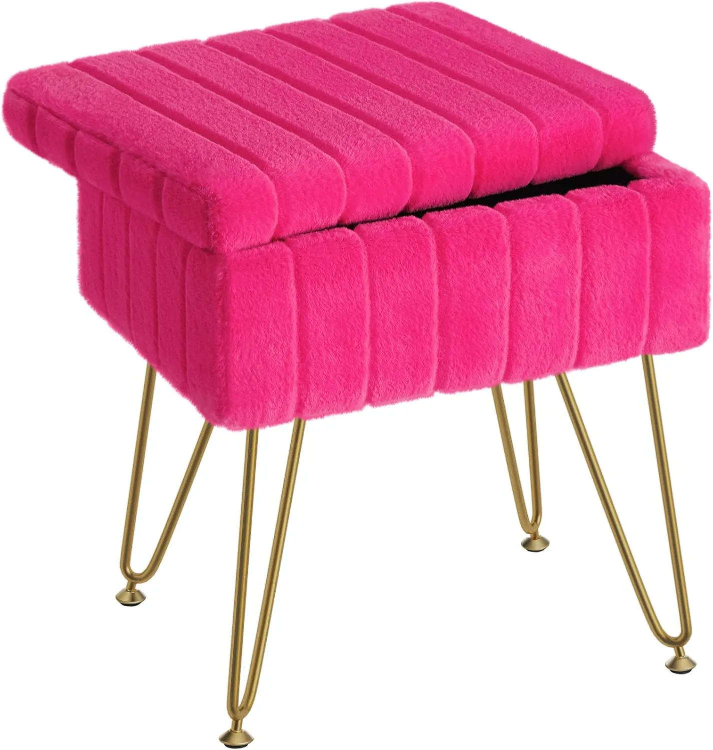 Greenstell Vanity Stool Chair Faux Fur with Storage, 15.7"L x 11.8"W x 19.4"H Soft Ottoman 4 Metal Legs with Anti-Slip Feet, Furry Padded Seat, Modern Multifunctional Chairs for Makeup, Bedroom,Rose