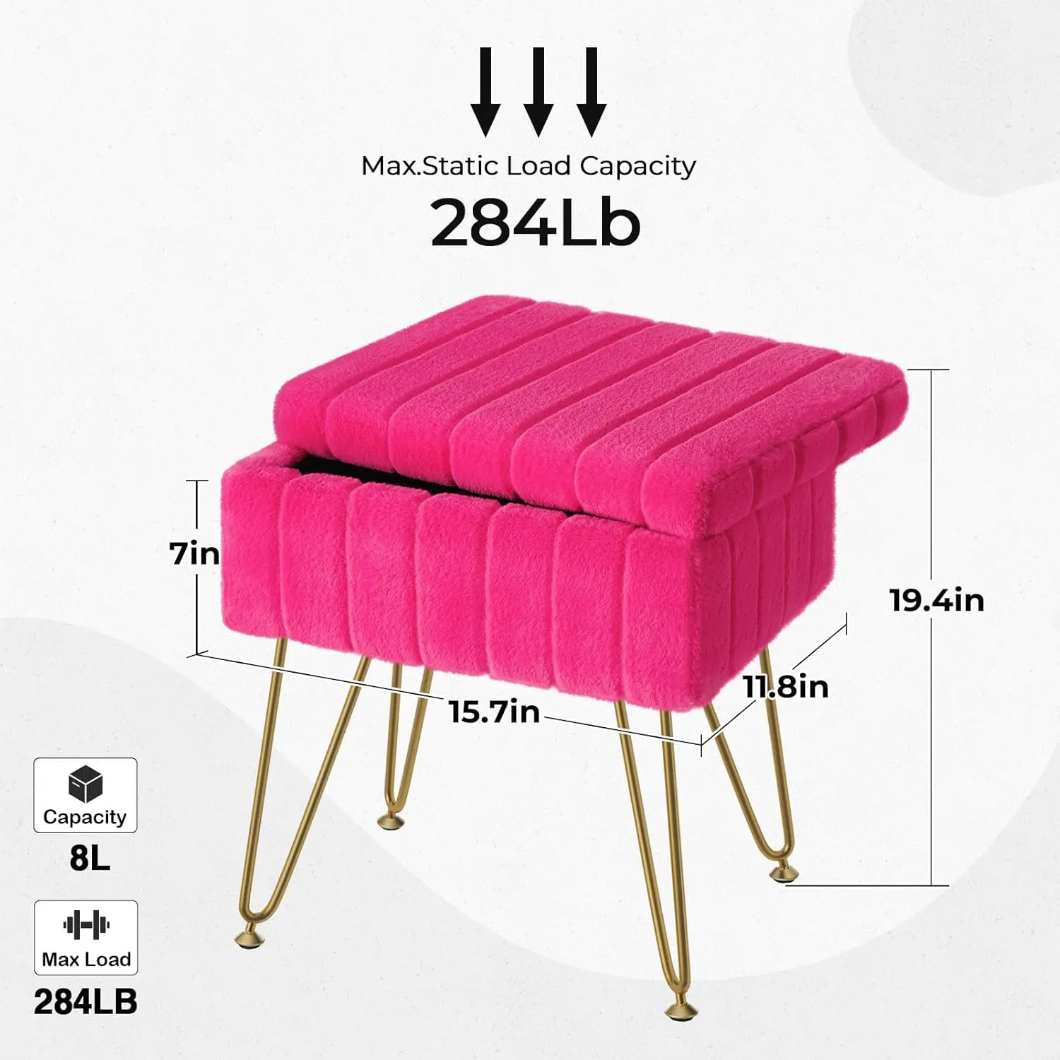 Greenstell Vanity Stool Chair Faux Fur with Storage, 15.7"L x 11.8"W x 19.4"H Soft Ottoman 4 Metal Legs with Anti-Slip Feet, Furry Padded Seat, Modern Multifunctional Chairs for Makeup, Bedroom,Rose