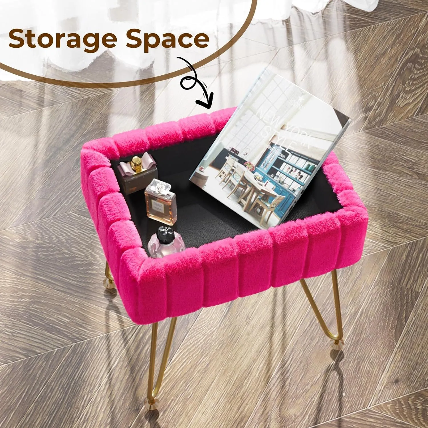 Greenstell Vanity Stool Chair Faux Fur with Storage, 15.7"L x 11.8"W x 19.4"H Soft Ottoman 4 Metal Legs with Anti-Slip Feet, Furry Padded Seat, Modern Multifunctional Chairs for Makeup, Bedroom,Rose