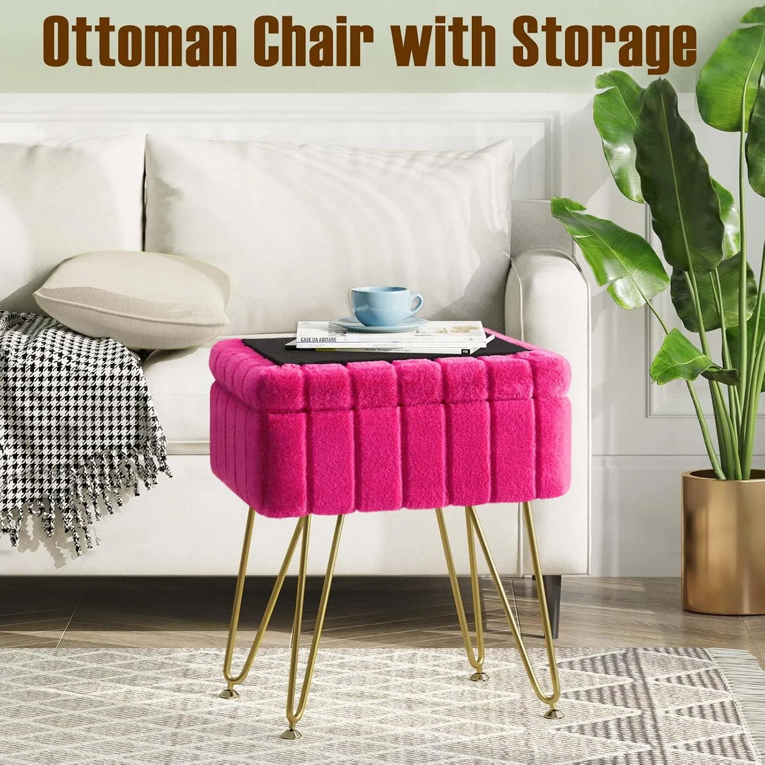 Greenstell Vanity Stool Chair Faux Fur with Storage, 15.7"L x 11.8"W x 19.4"H Soft Ottoman 4 Metal Legs with Anti-Slip Feet, Furry Padded Seat, Modern Multifunctional Chairs for Makeup, Bedroom,Rose