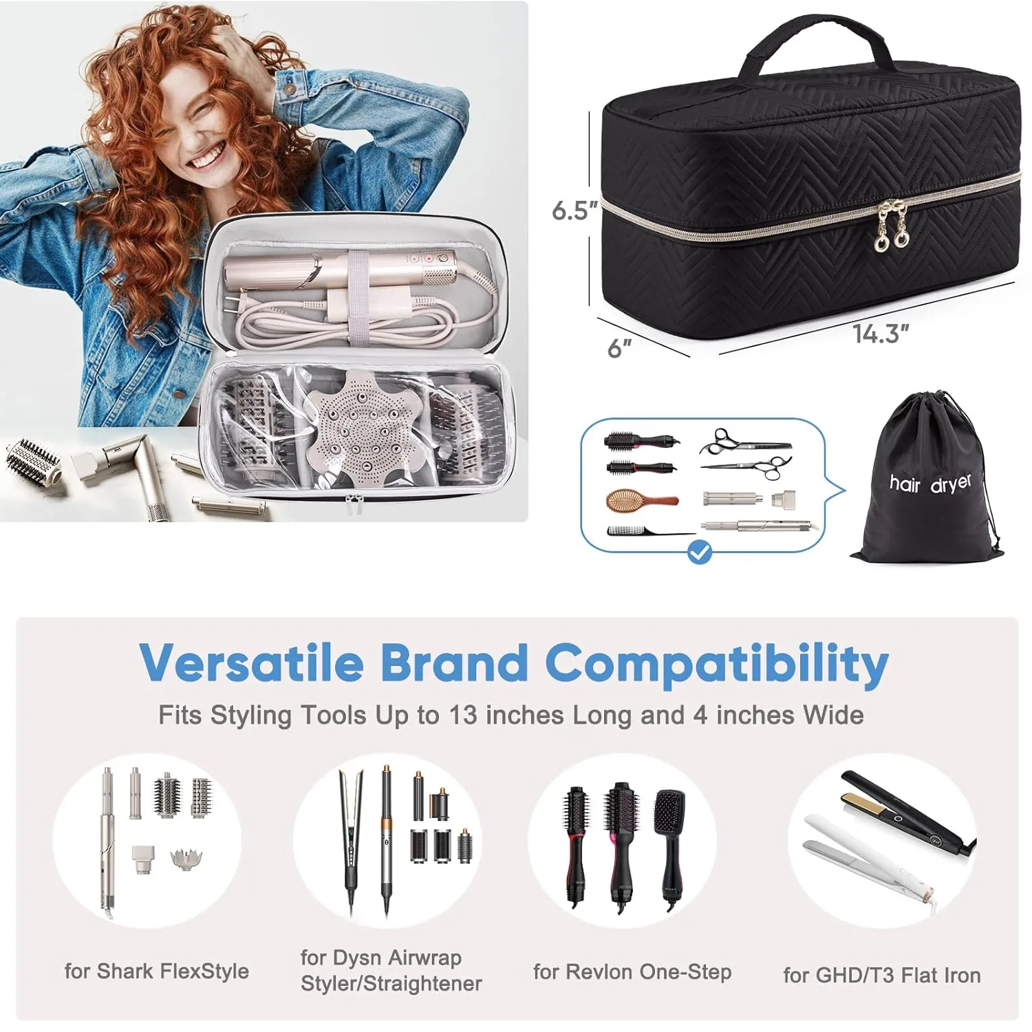 Hair Tools Travel Case - Black Dryer Bag, Large Case for Shark FlexStyle/SmoothStyle, Air Wrap Dryer & Curling Iron Organizer
