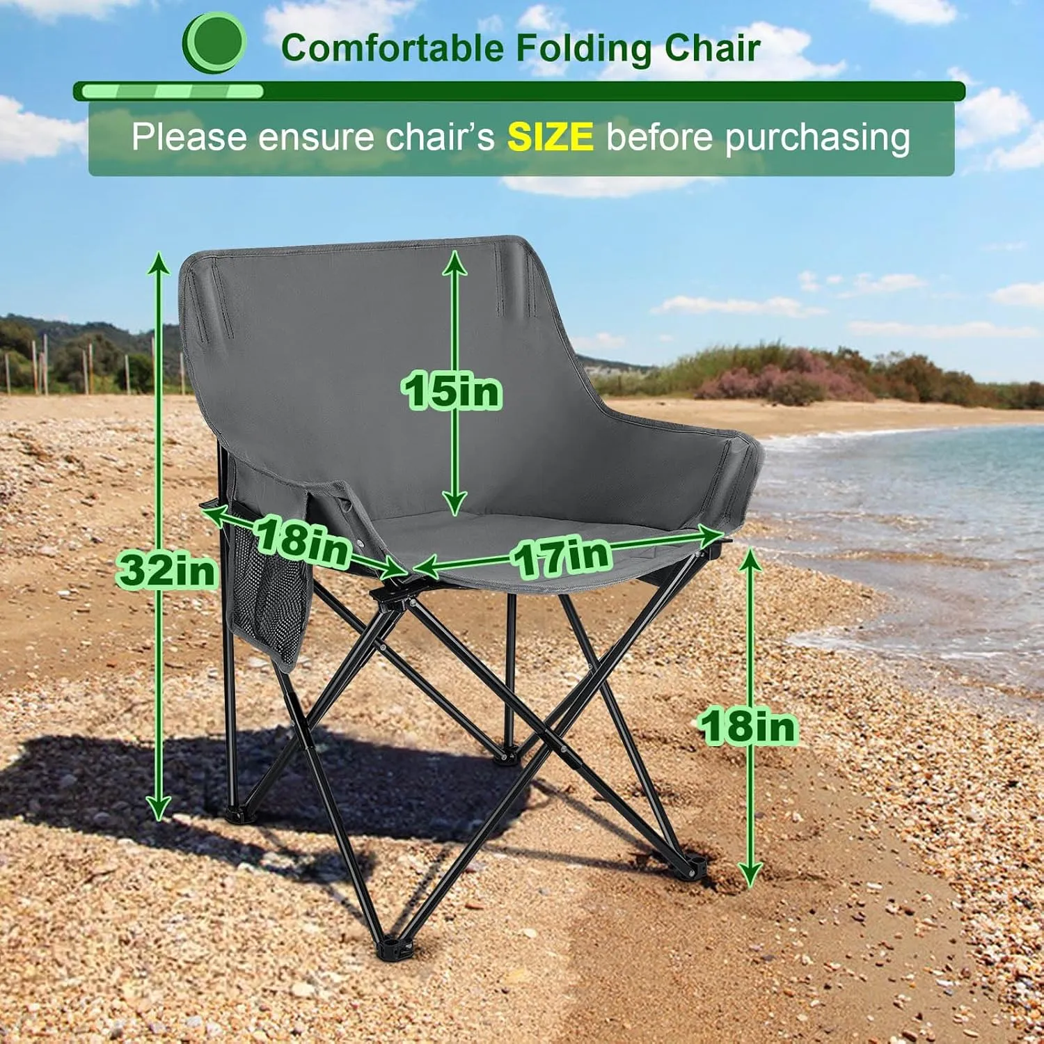 HaSteeL Folding Camping Chair, Portable Foldable Camp Chair for Adults, Comfortable 600D Oxford Fabric Collapsible Lawn Chairs for Indoor Outdoor Beach, 250lbs Weight Capacity, Storage Bag, Grey