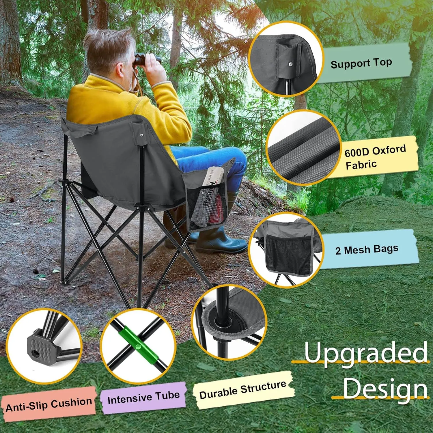 HaSteeL Folding Camping Chair, Portable Foldable Camp Chair for Adults, Comfortable 600D Oxford Fabric Collapsible Lawn Chairs for Indoor Outdoor Beach, 250lbs Weight Capacity, Storage Bag, Grey