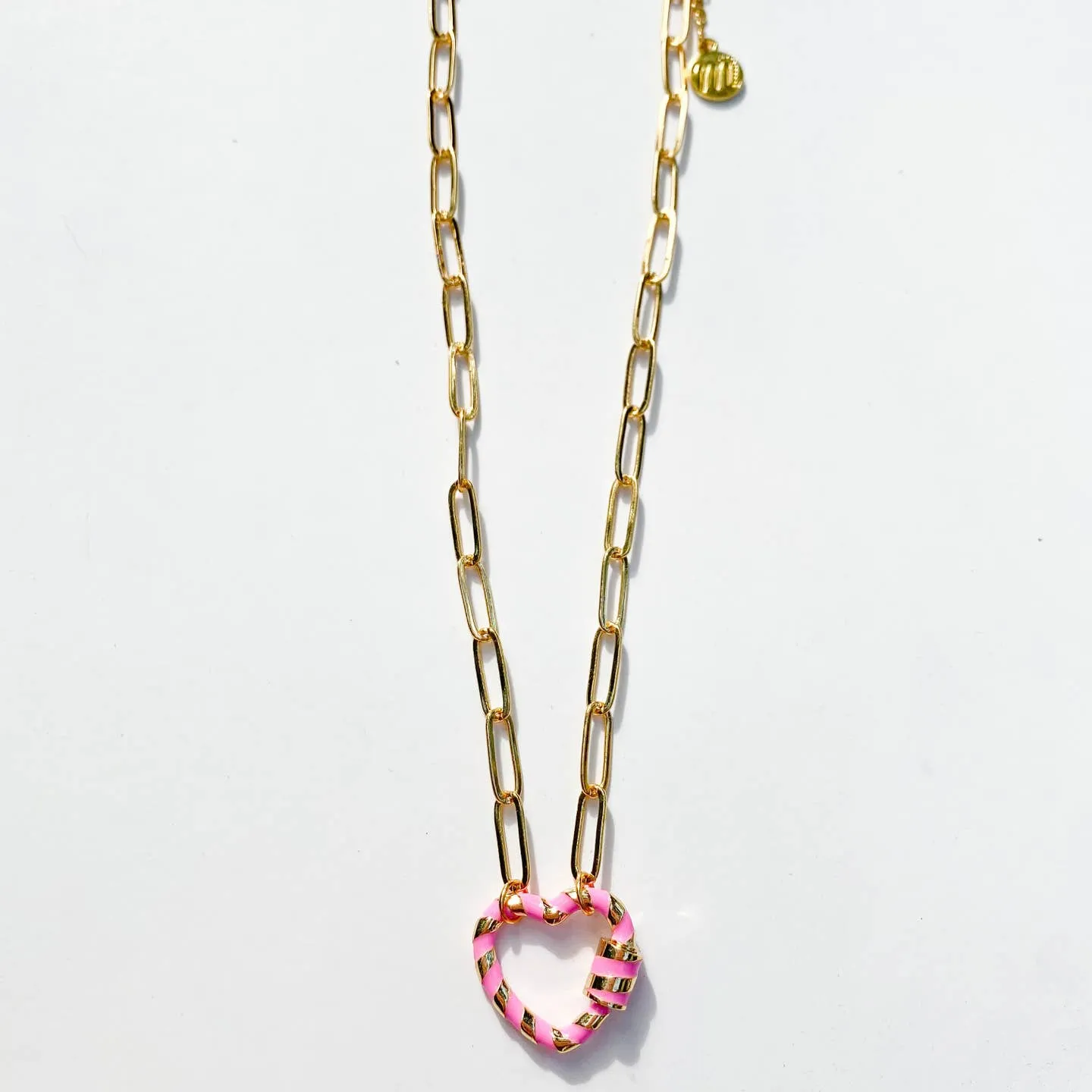 Heartbreaker- Pink Striped Heart Carabiner Clasp Necklace