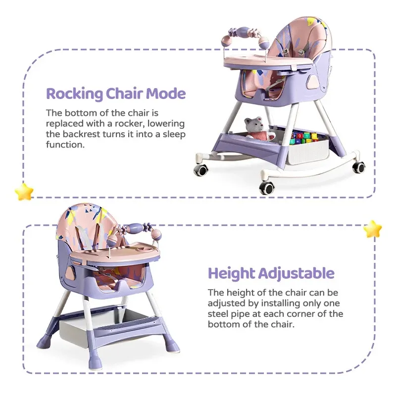 High Chair for Baby with Adjustable Tray Foldable Detachable Legs Feeding High Chair with Four Wheel
