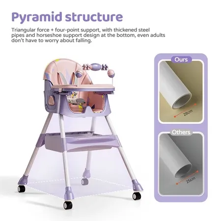 High Chair for Baby with Adjustable Tray Foldable Detachable Legs Feeding High Chair with Four Wheel
