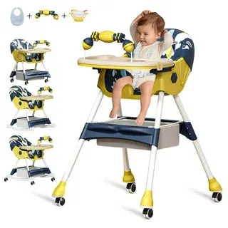 High Chair for Baby with Adjustable Tray Foldable Detachable Legs Feeding High Chair with Four Wheel