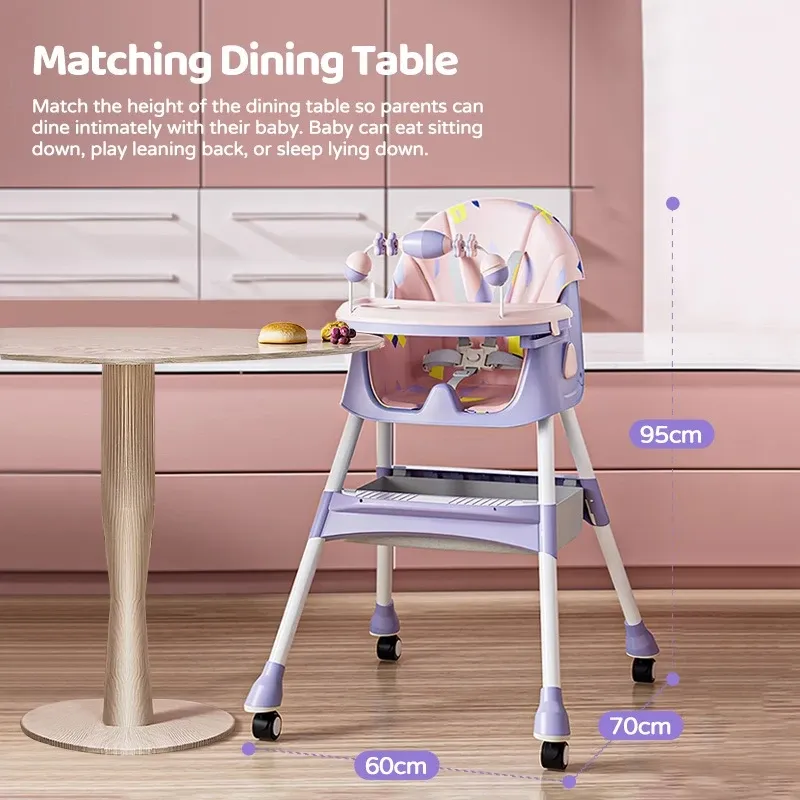 High Chair for Baby with Adjustable Tray Foldable Detachable Legs Feeding High Chair with Four Wheel