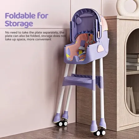 High Chair for Baby with Adjustable Tray Foldable Detachable Legs Feeding High Chair with Four Wheel