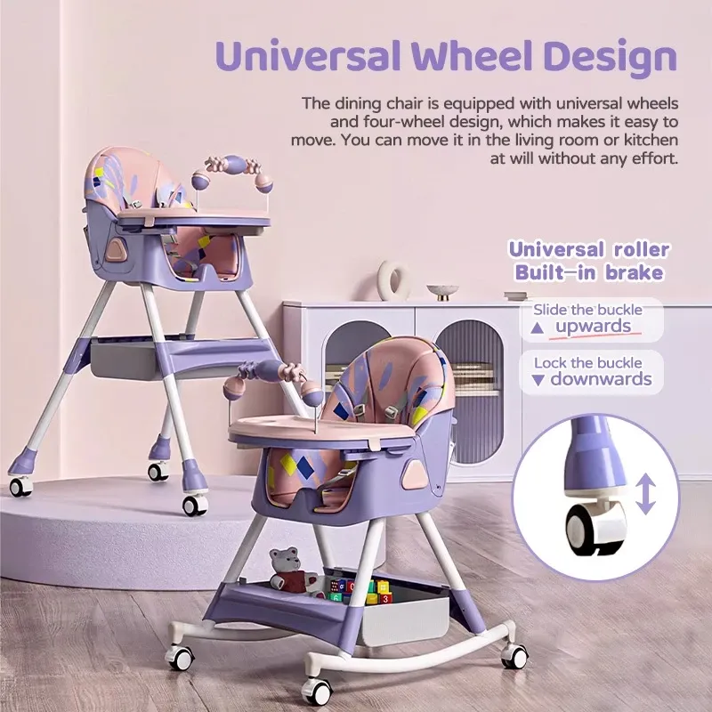 High Chair for Baby with Adjustable Tray Foldable Detachable Legs Feeding High Chair with Four Wheel