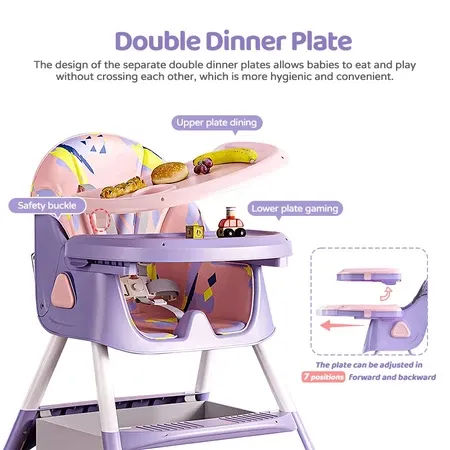 High Chair for Baby with Adjustable Tray Foldable Detachable Legs Feeding High Chair with Four Wheel