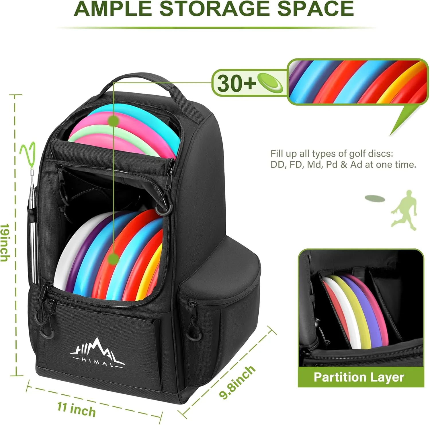 Himal Outdoors Disc Golf Bag with 30  Disc Capacity, Durable Disc Golf Backpack for Men Multiple Storage Pockets