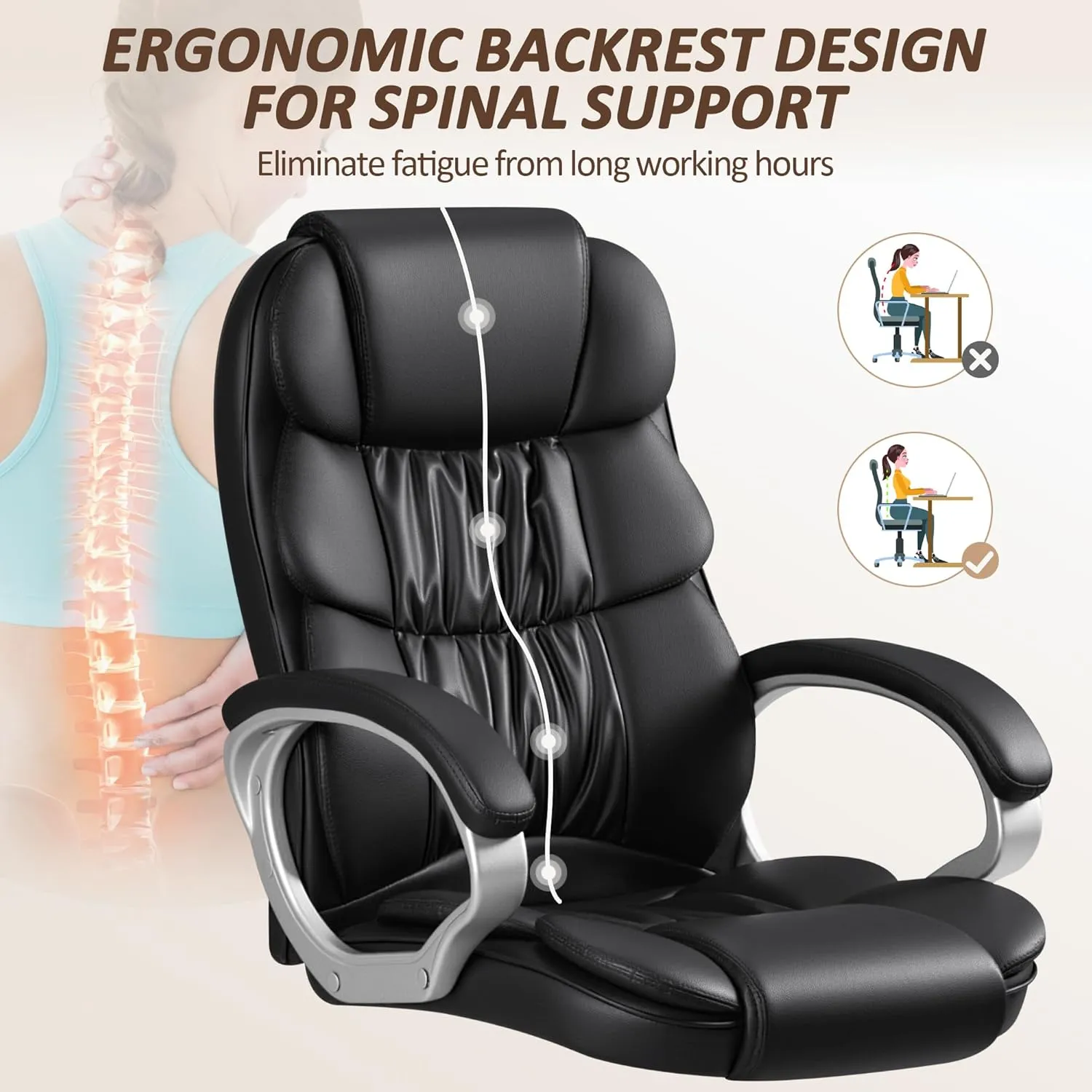 Homall Office Chair High Back Computer Desk Chair, PU Leather Adjustable Height Modern Executive Swivel Task Chair with Padded Armrests and Lumbar Support (Black)