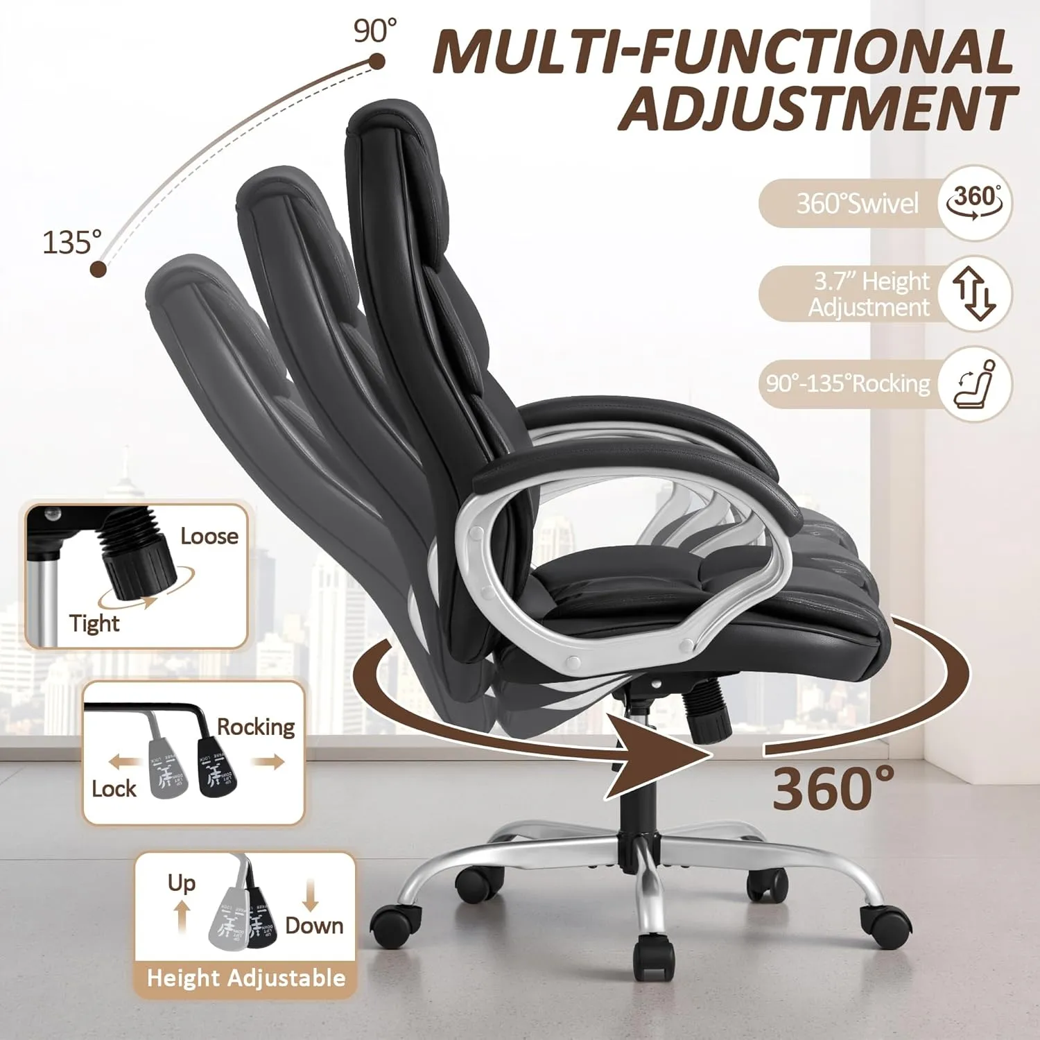 Homall Office Chair High Back Computer Desk Chair, PU Leather Adjustable Height Modern Executive Swivel Task Chair with Padded Armrests and Lumbar Support (Black)