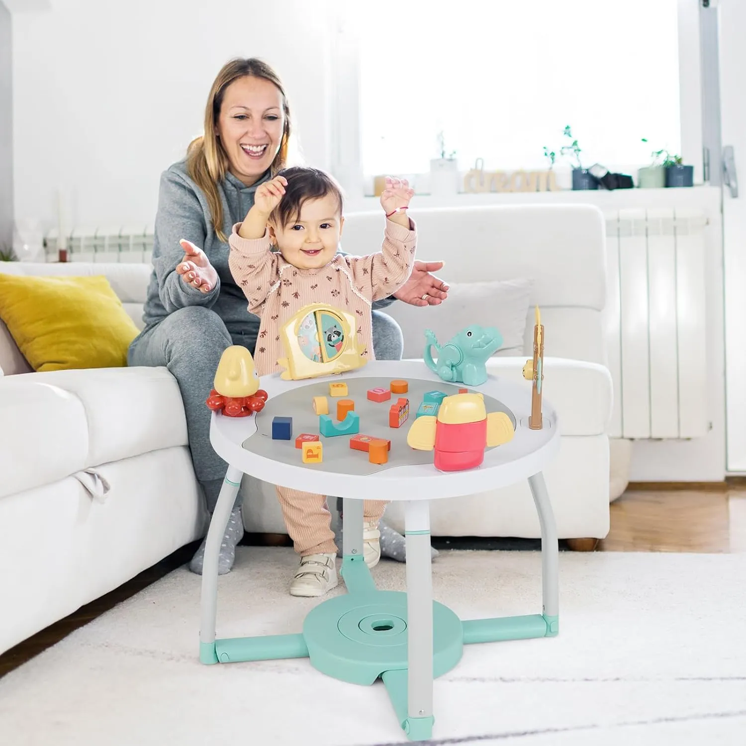 HONEY JOY Baby Activity Center, 5 in 1 Infant Jumper & Standing Play Table w/ 360° Rotary Seat, 6 Toys, 3 Adjustable Heights, Lights, Music & Sounds, Activity Center for Babies 6-36 Months (White)