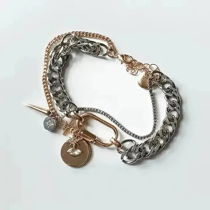 Horn & Evil Eye Carabiner, Multi Chain, Charm Bracelet Steel