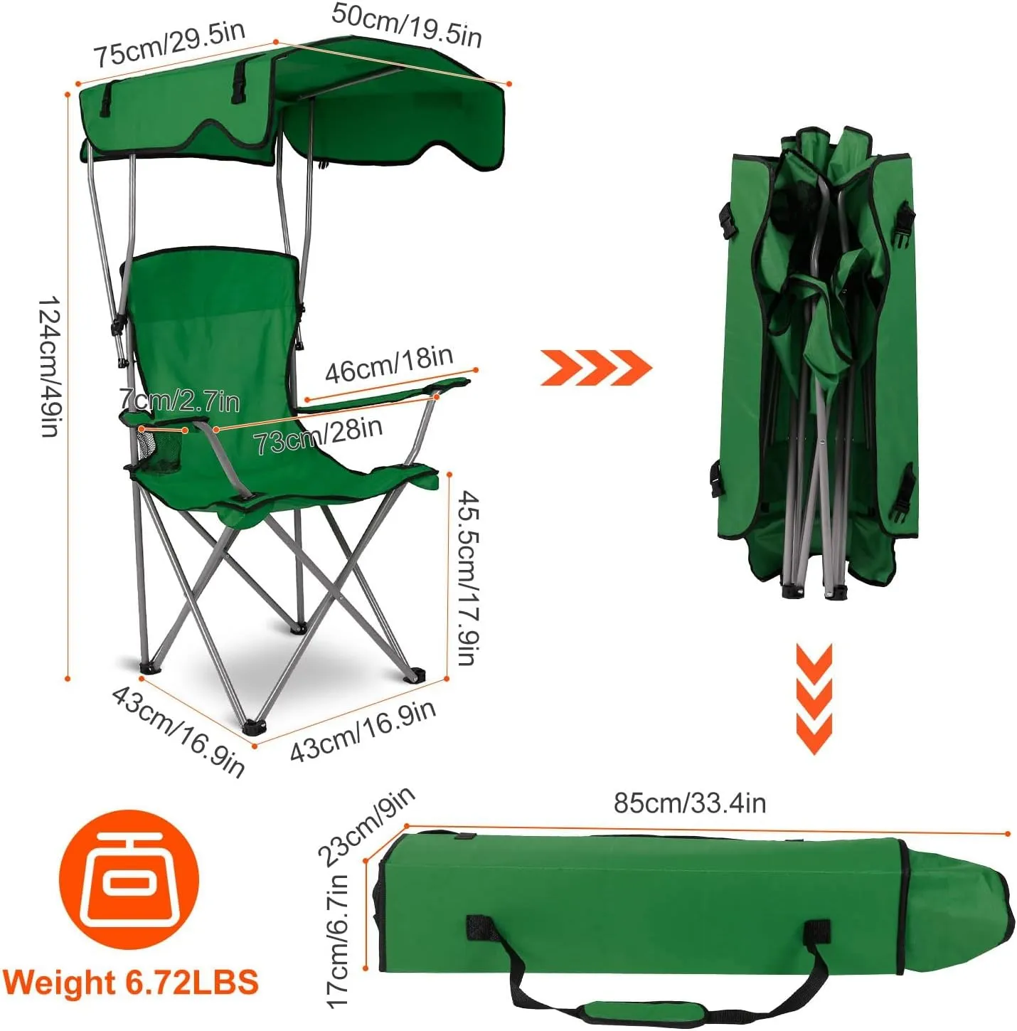 iMounTEK Camping Chair Foldable Canopy Chair with Shade Sun Protection Folding Chair for Outside Camping Recliner a Carry Bag with Cup Holder for Fishing/Beach/Poolside/Travel(Green)