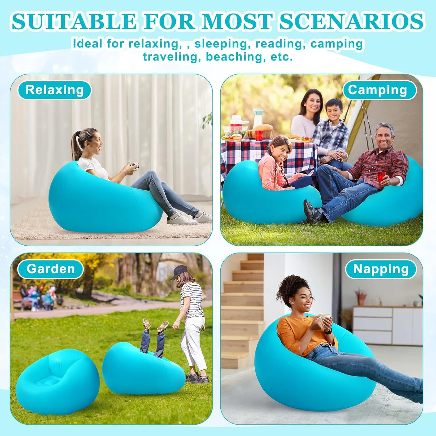 Inflatable Bean Bag Chair for Adult Bean Bag Sofa Chair Blow up Inflatable Furniture for Outdoor Living Room Bedroom Balcony Travel Party Gift Accessories(Lake Blue,2 Pcs)