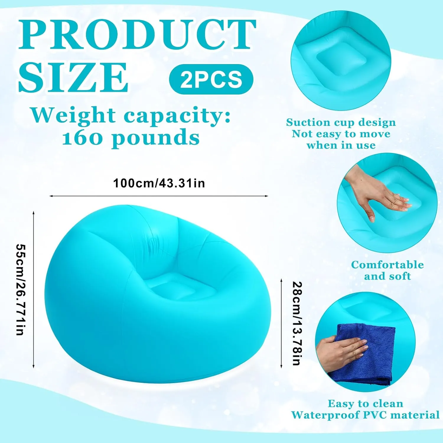 Inflatable Bean Bag Chair for Adult Bean Bag Sofa Chair Blow up Inflatable Furniture for Outdoor Living Room Bedroom Balcony Travel Party Gift Accessories(Lake Blue,2 Pcs)