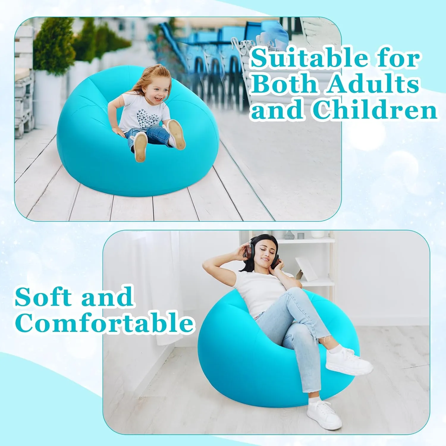 Inflatable Bean Bag Chair for Adult Bean Bag Sofa Chair Blow up Inflatable Furniture for Outdoor Living Room Bedroom Balcony Travel Party Gift Accessories(Lake Blue,2 Pcs)
