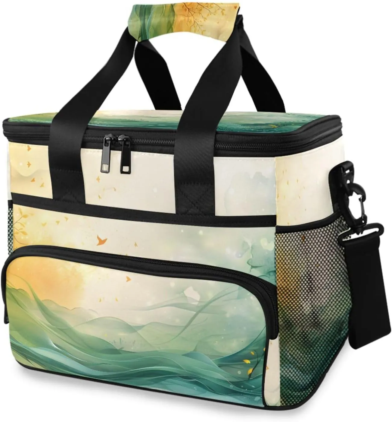 Insulated Cooler Bag 24 Cans Large Capacity Lunch Box-Watercolor Green Tree Print Leak Proof with Shoulder Strap for Camping Picnic
