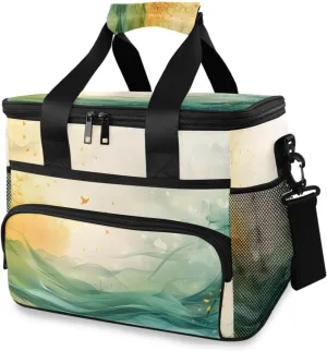 Insulated Cooler Bag 24 Cans Large Capacity Lunch Box-Watercolor Green Tree Print Leak Proof with Shoulder Strap for Camping Picnic