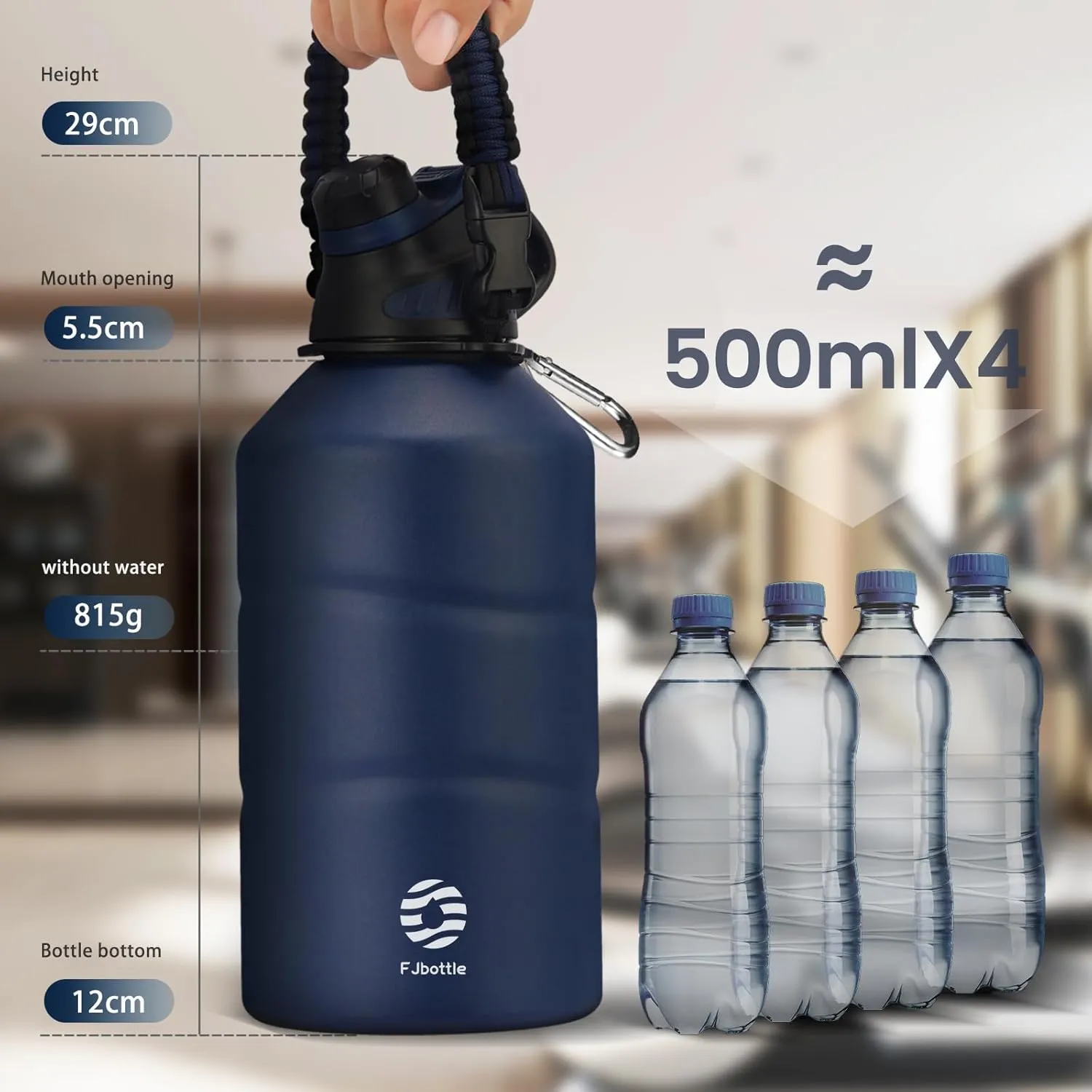 Insulated Half Gallon Water Bottle 64oz with Magnetic Lid, Stainless Steel Double-Wall Vacuum Leak Proof Sports Insulated Jug with Paracord Handle, Keep Water Hot & Cold for Outdoor,Gym