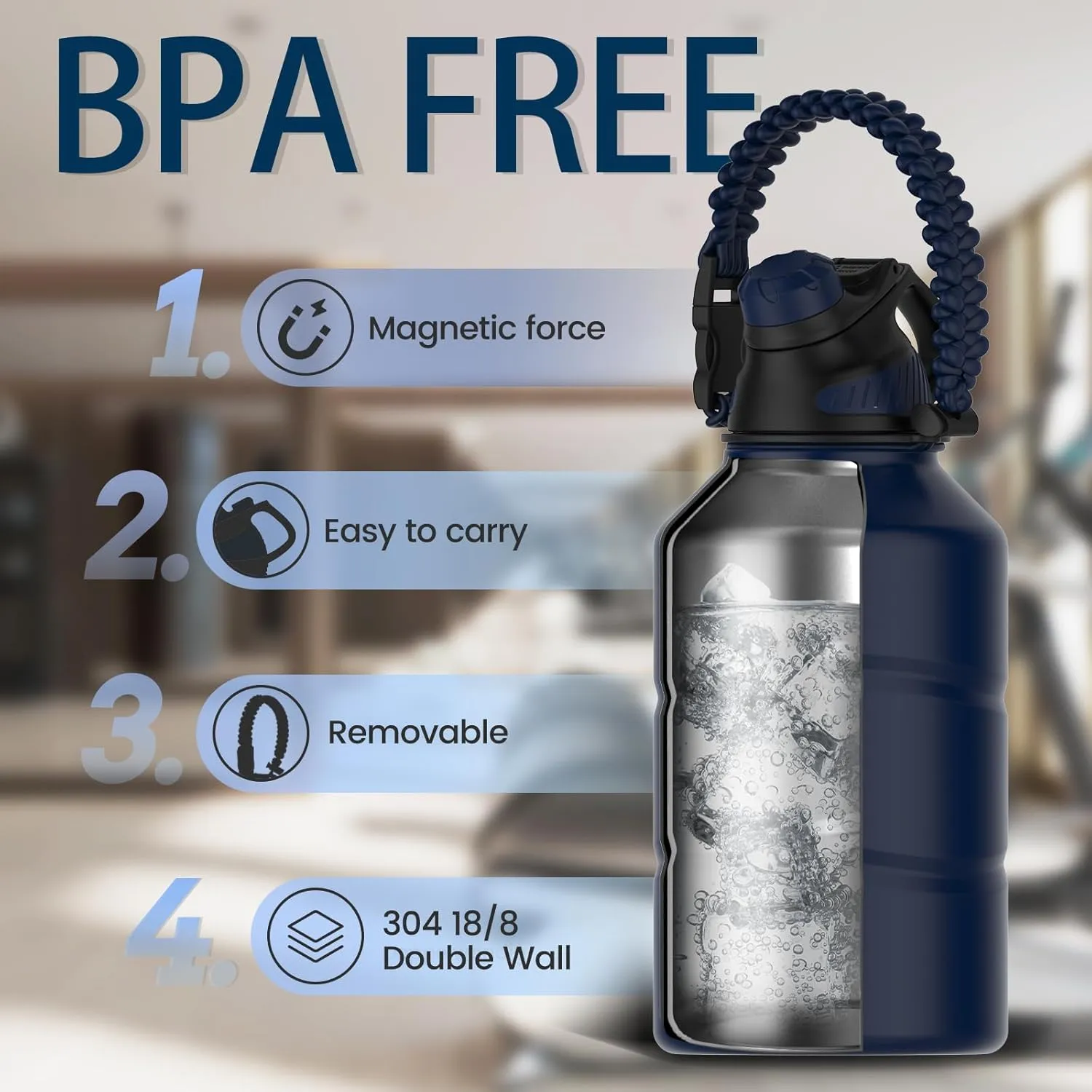 Insulated Half Gallon Water Bottle 64oz with Magnetic Lid, Stainless Steel Double-Wall Vacuum Leak Proof Sports Insulated Jug with Paracord Handle, Keep Water Hot & Cold for Outdoor,Gym