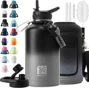 Insulated Water Bottle | Thickened Stainless Steel Vacuum Metal Thermos | Portable Sports Half Gallon Large Water Jug for Gym and Hiking with Straw, Carrier Bag, Handle Strap | BPA-Free 64 oz